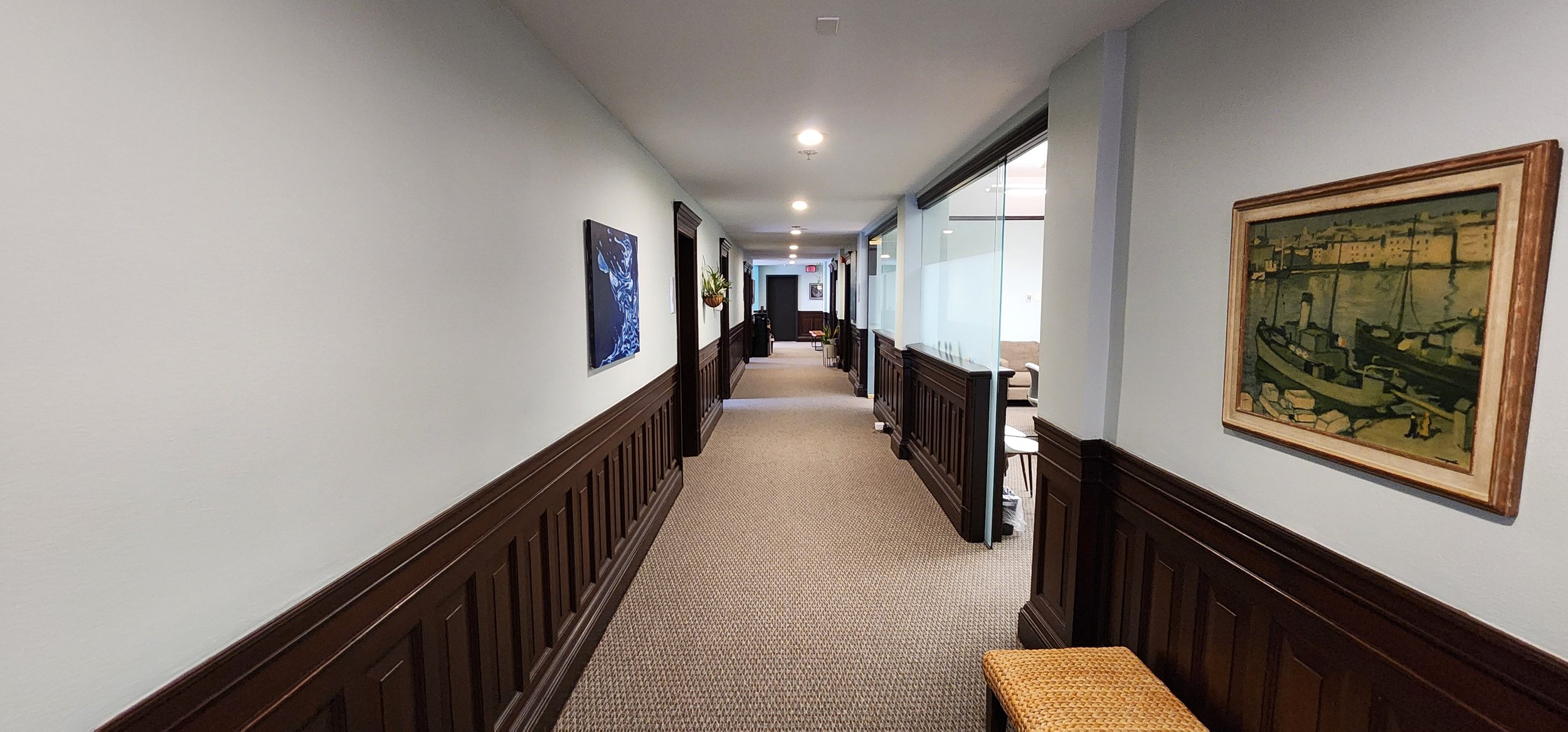 Waiting area with seating and plants